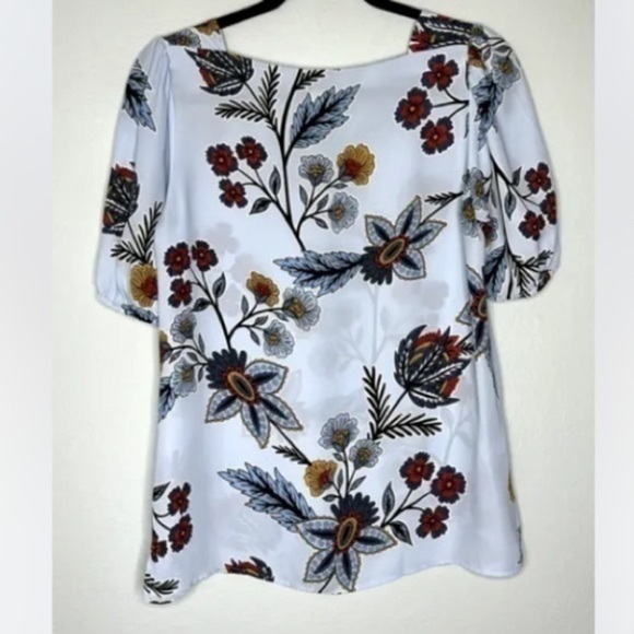 LOFT Light Blue Square Neck Botanical Floral Short Sleeve Blouse - Picture 3 of 10